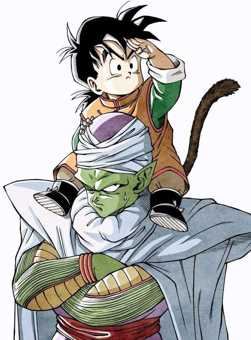 Anime-style illustration of a child with black hair sitting on an adult with green skin and a white head wrap, both in colorful clothing against a plain white background.