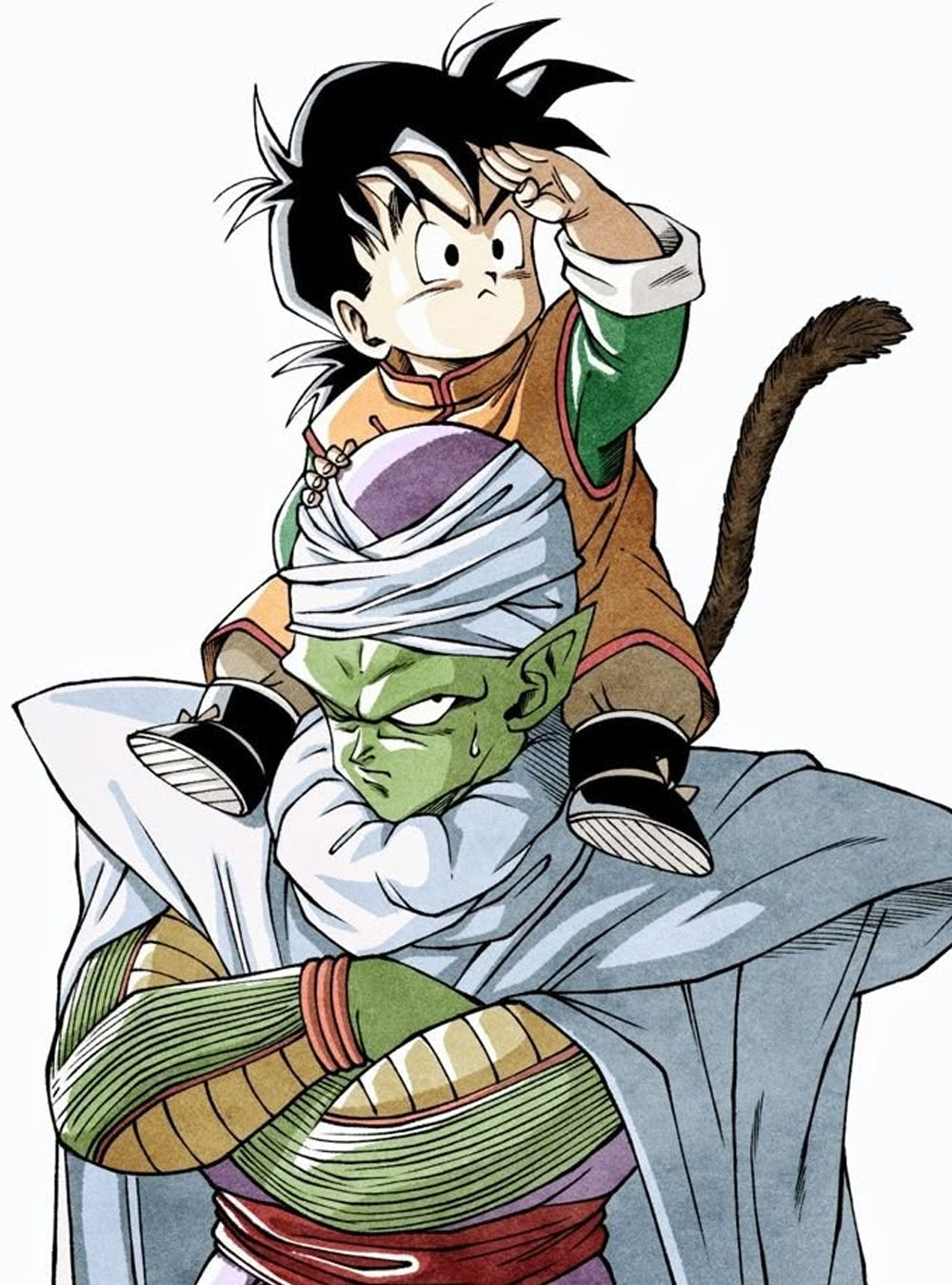 Anime-style illustration of a child with black hair sitting on an adult with green skin and a white head wrap, both in colorful clothing against a plain white background.