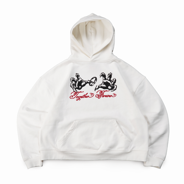 White hoodie with black graphics and red text on a white background