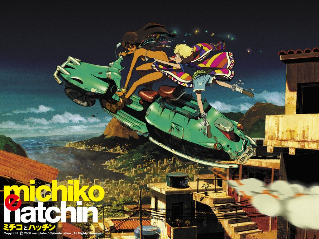 Official 2008 art: Michiko and Hatchin fly through the night sky on a green scooter above a steep hillside of tightly packed houses, with a bay, city lights and mountains behind them.