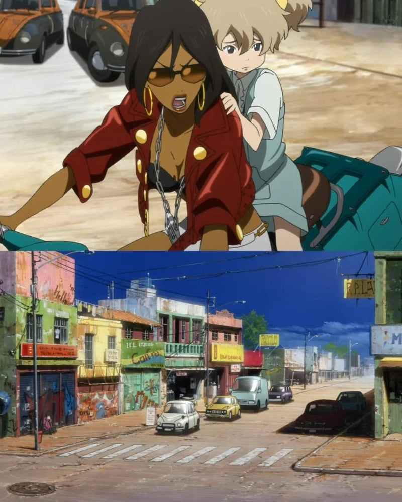 Two stacked frames from Michiko & Hatchin: above, Michiko in orange sunglasses and a red jacket shouts from her scooter with Hatchin holding her shoulders; below, a sunny street of painted shopfronts with graffiti and old cars.