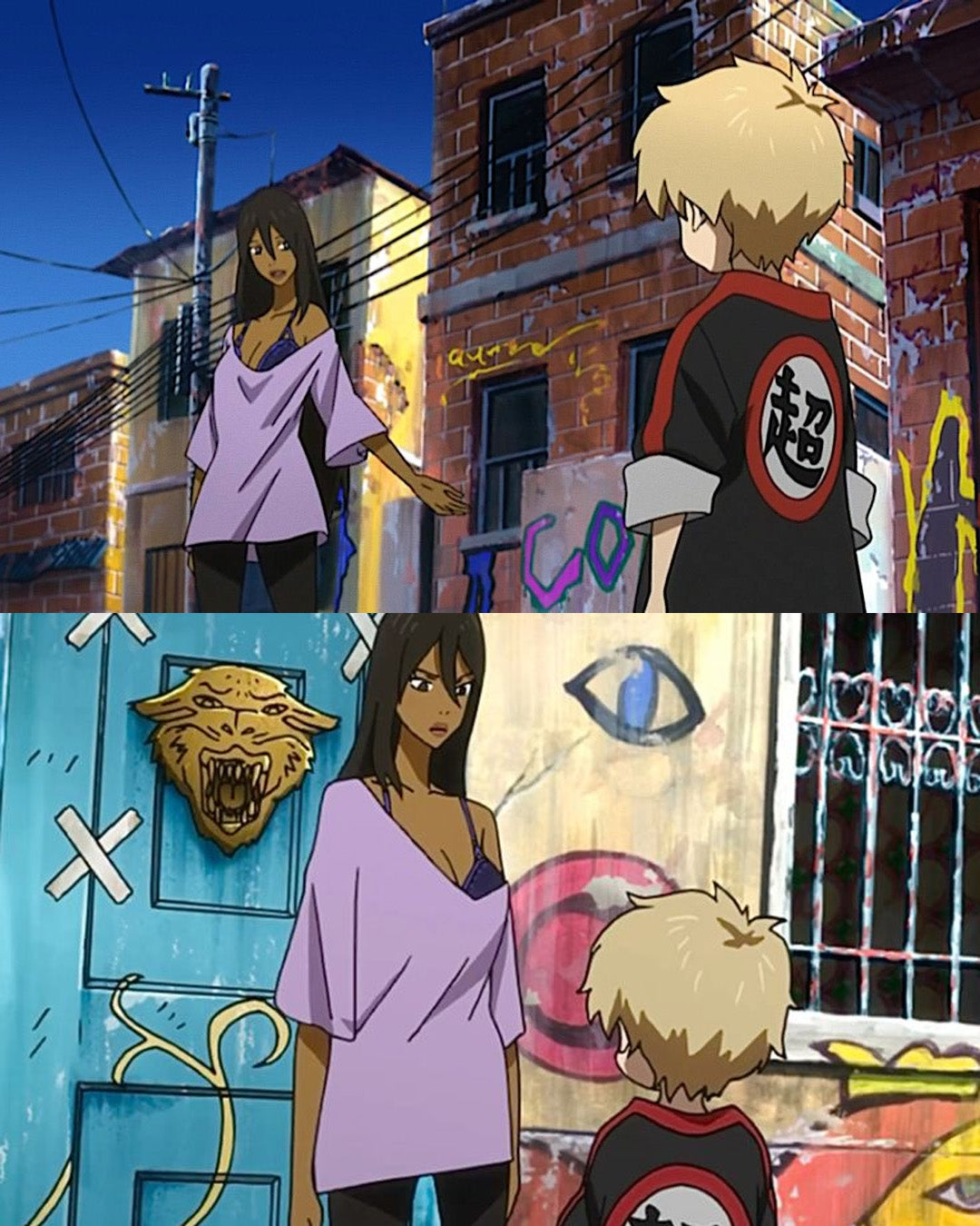 Two stacked frames from Michiko & Hatchin: above, Michiko in a lilac top talks to a blond boy on a street of brick houses with graffiti; below, she stands at a blue door with a painted jaguar head and an eye.