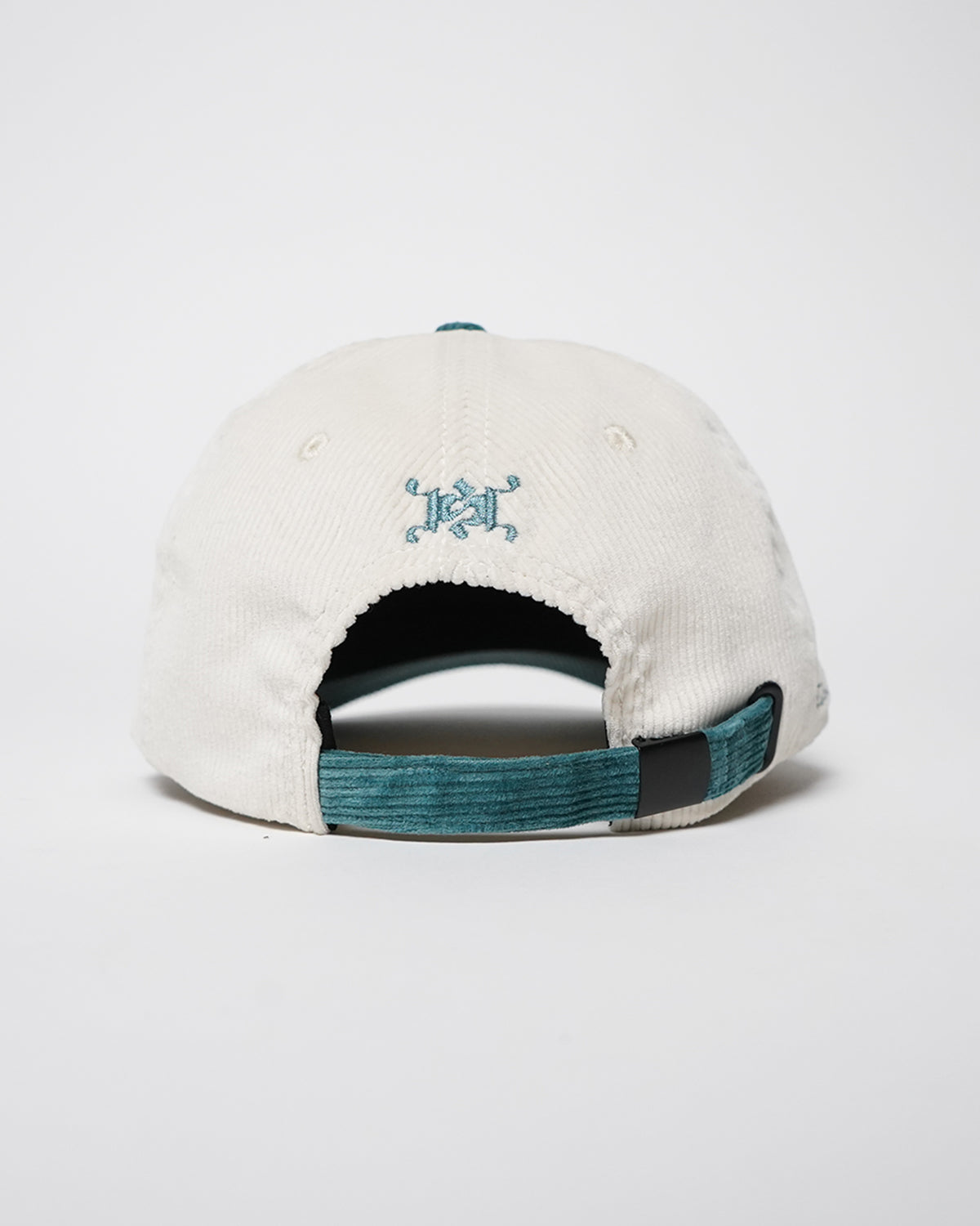 Easy Come Easy Go Hat in white with teal back strap, rear view.