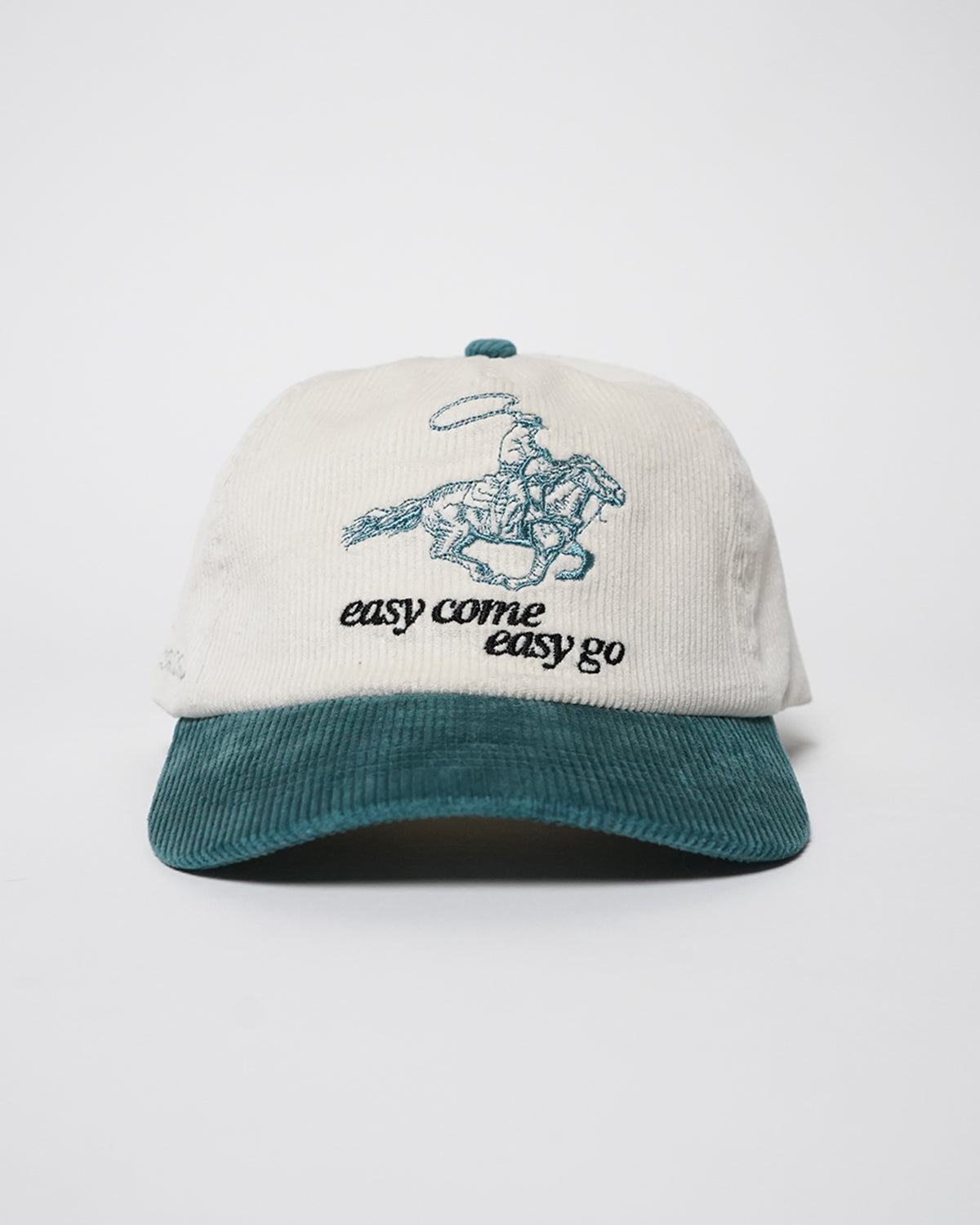 Easy Come Easy Go Hat in cream and tennis green corduroy with cowboy graphic, front view