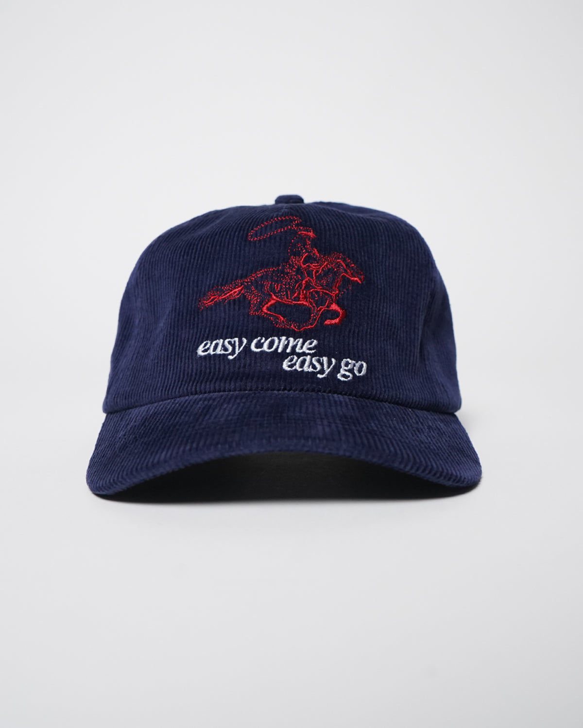 Easy Come Easy Go Hat in midnight blue corduroy with red embroidered graphic, front view