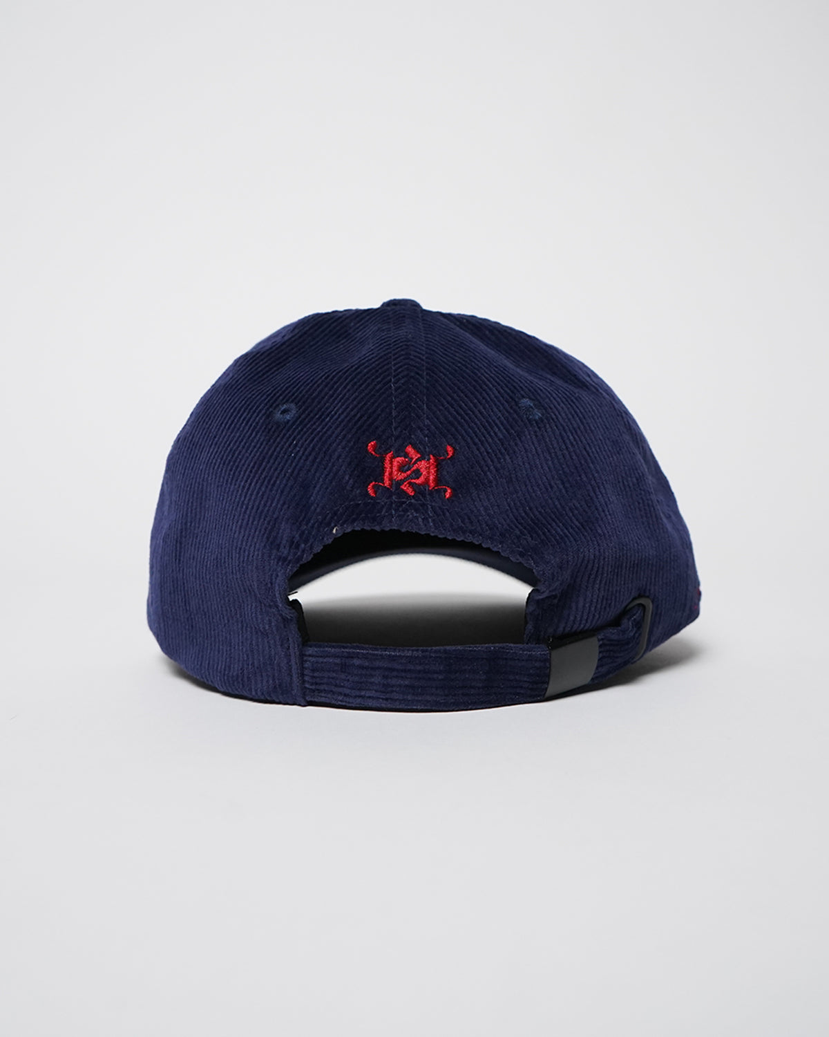 Easy Come Easy Go Hat in midnight blue corduroy with red embroidered graphic, back view