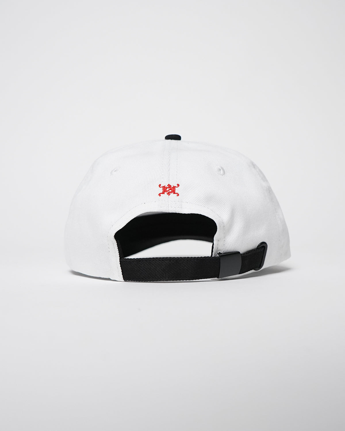 Back view of the white Valentine Hat showing red embroidered logo and black adjustable strap