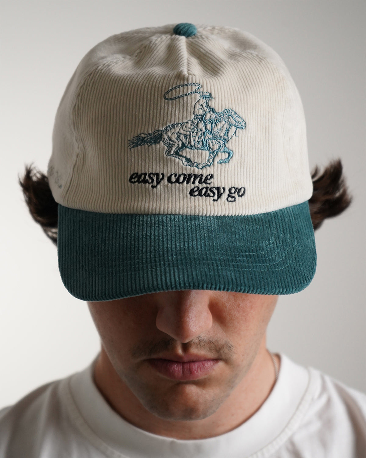 Easy Come Easy Go Hat (Tennis Green) in cream with teal cowboy graphic and brim, front view on model