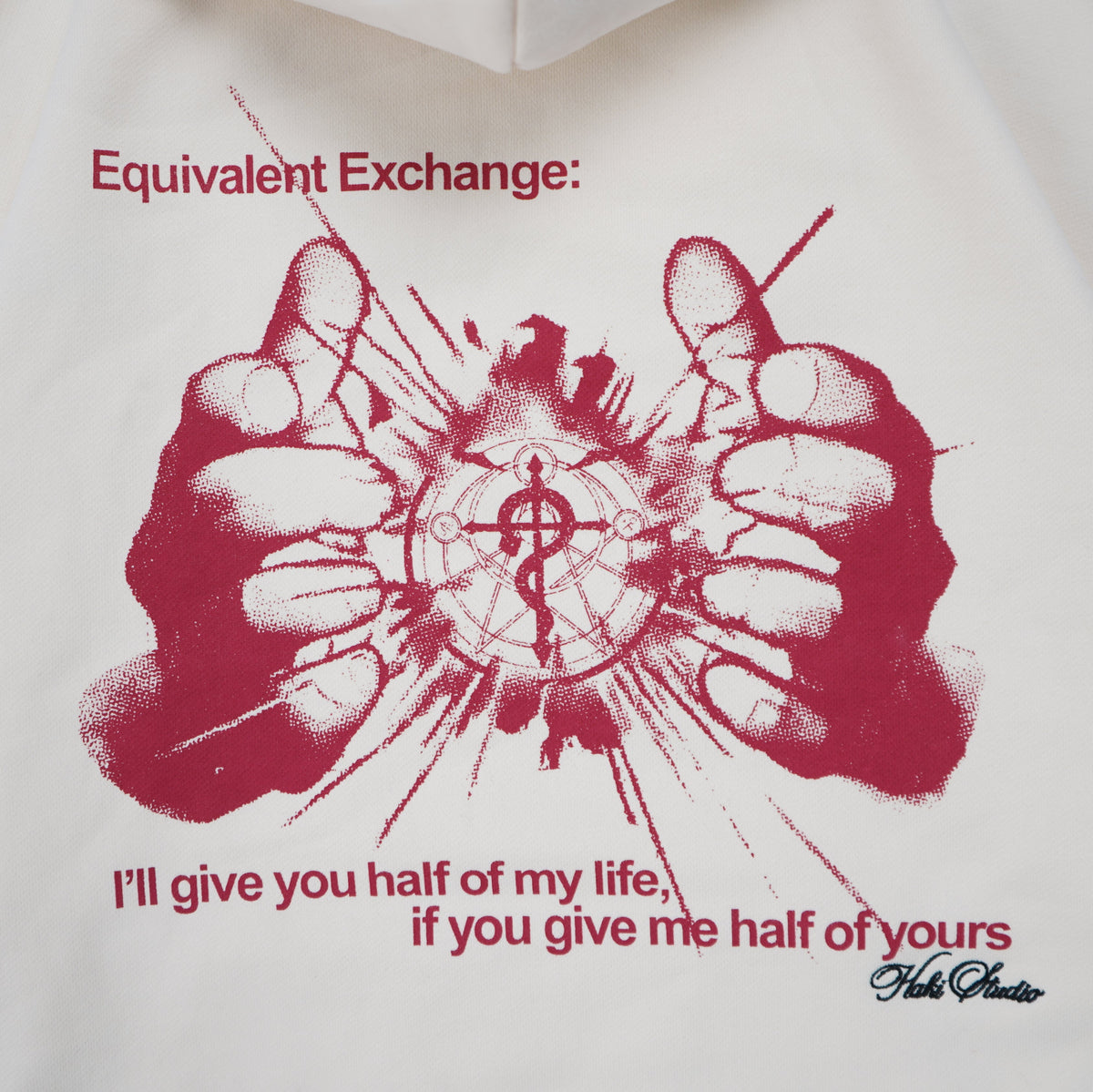 White hoodie with red graphic and text on a white background