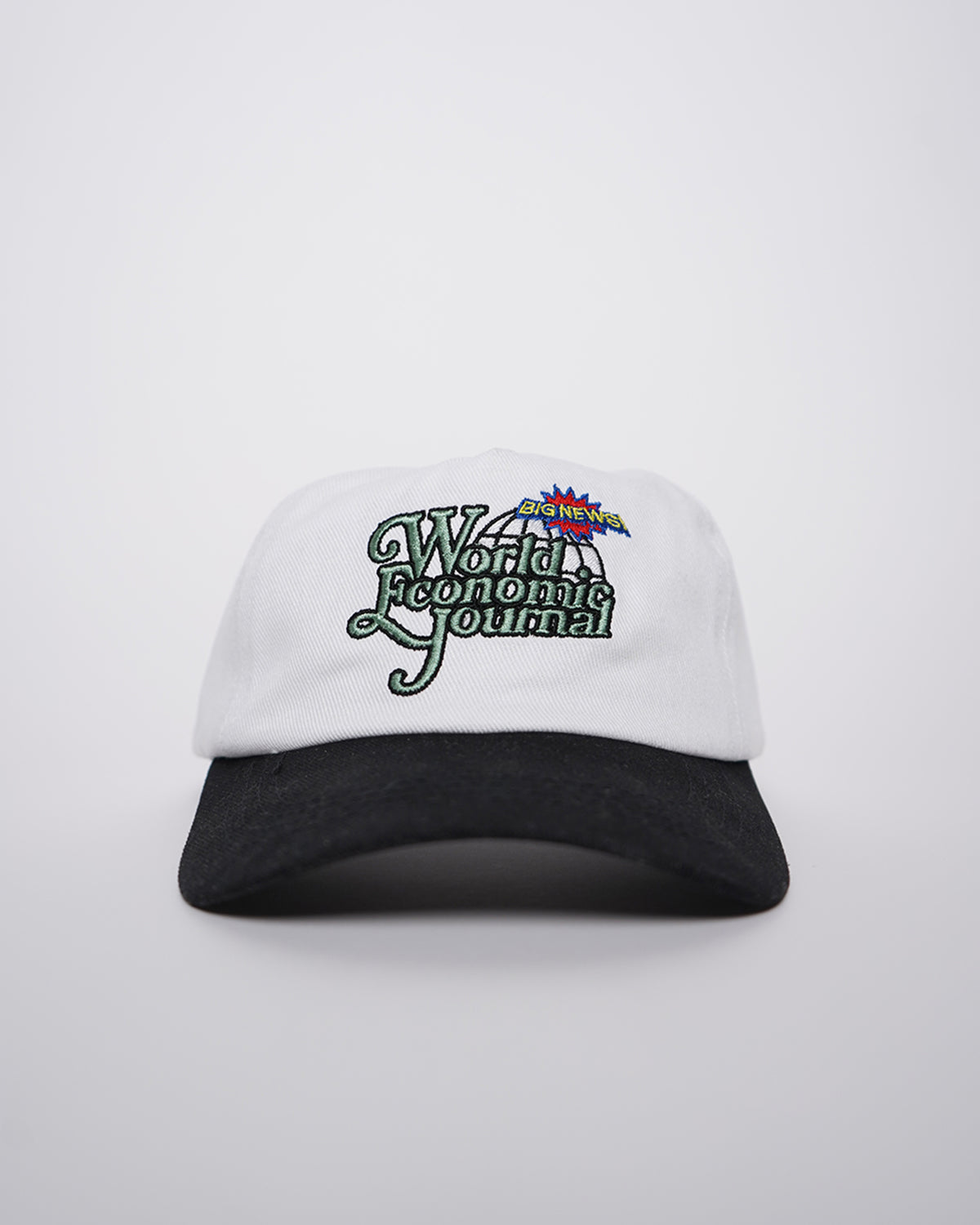 White cap with black brim featuring 'World Economic Journal' text on a white background
