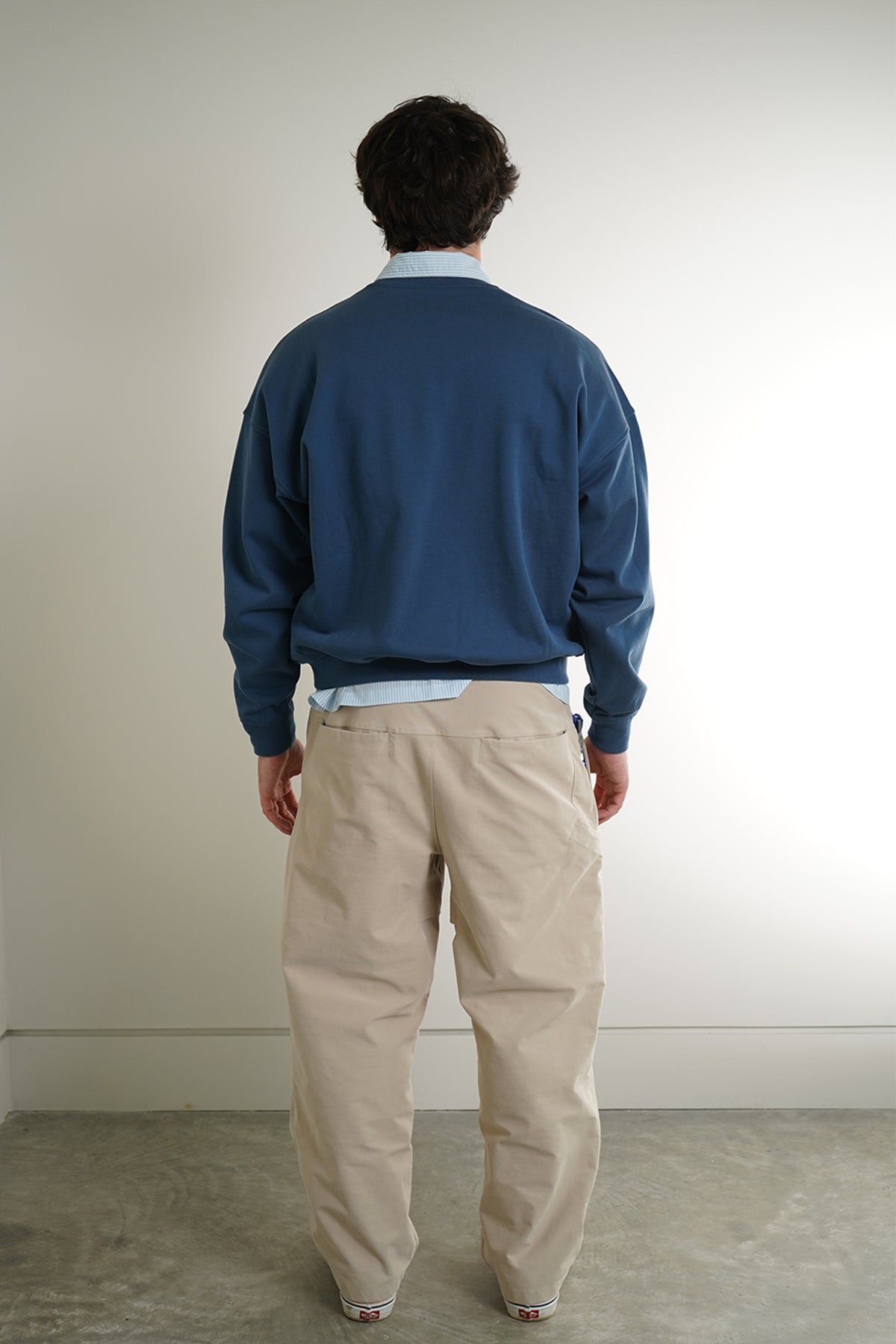 Blue Let's Jam Crewneck with embroidered spaceship and 321 LET'S JAM text,back view on model
