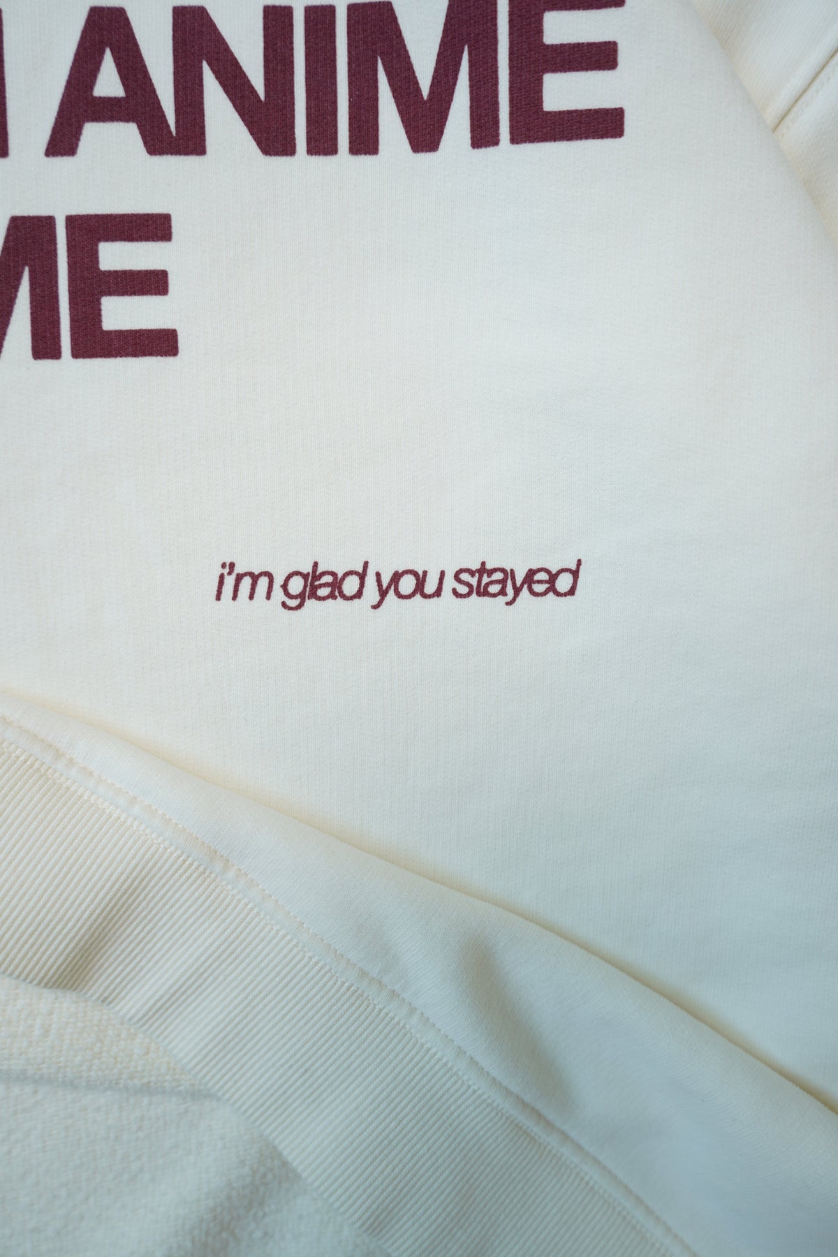 Close-up of a cream-colored sweatshirt featuring dark maroon text that reads 'i'm glad you stayed' and partial text 'ANIME ME' at the top.
