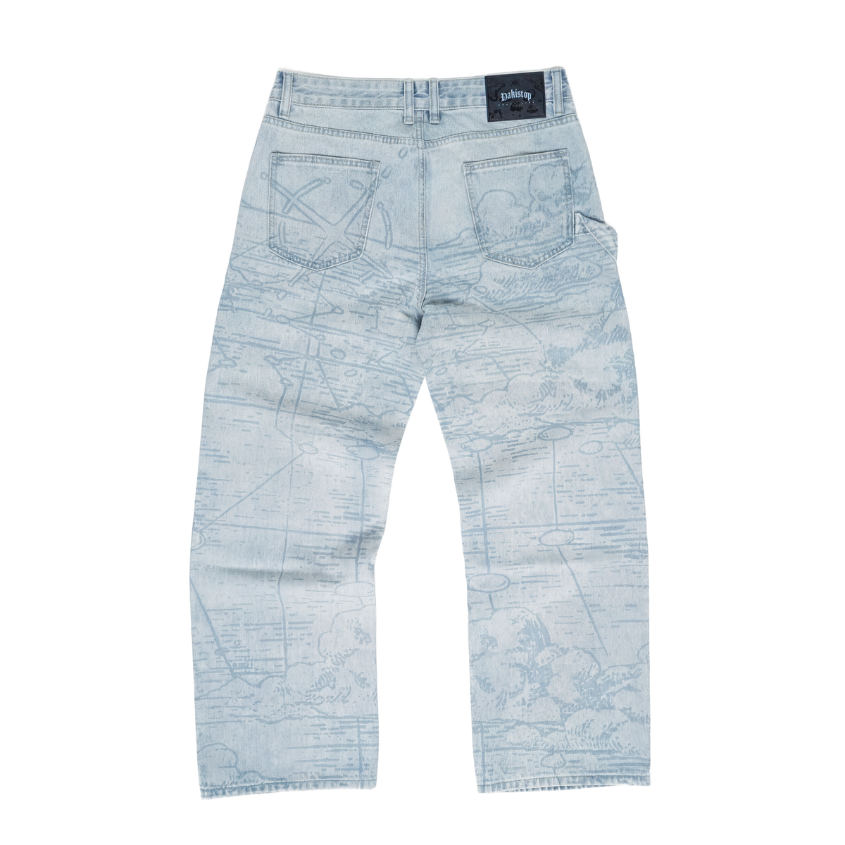Light blue jeans with a brand label on a white background