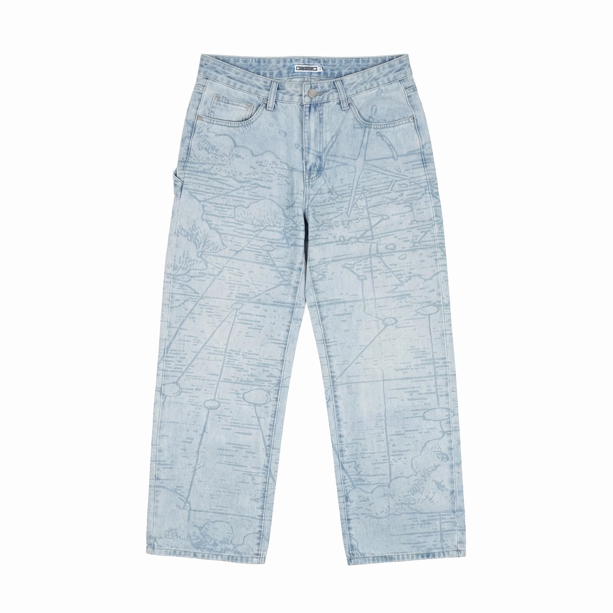 Grand Line Pants in light blue denim with allover map-line print, front flat lay view