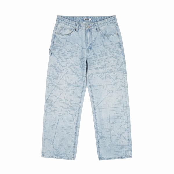 Grand Line Pants in light blue denim with allover map-line print, front flat lay view