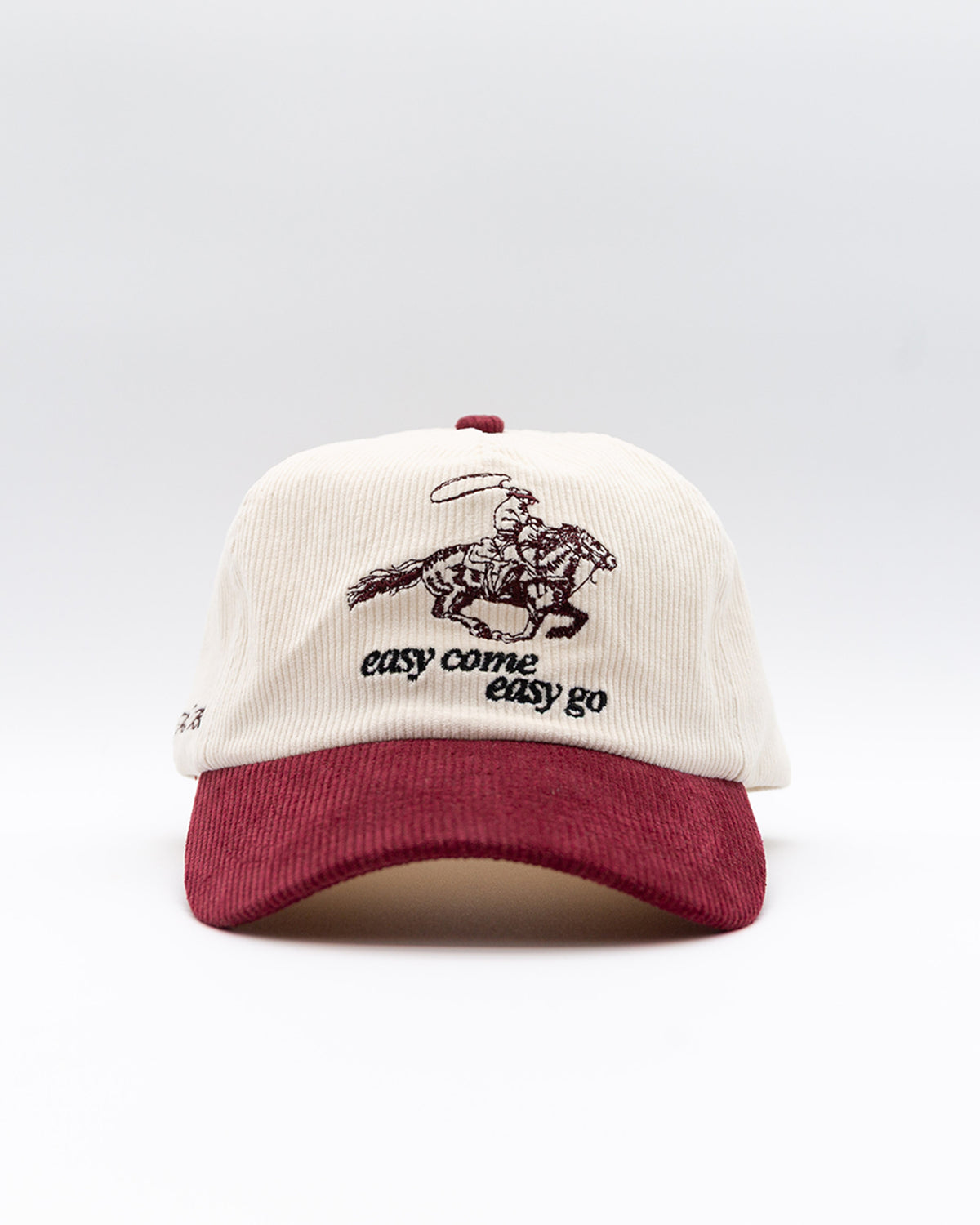 Cream and burgundy corduroy baseball cap with "easy come easy go" cowboy graphic embroidery