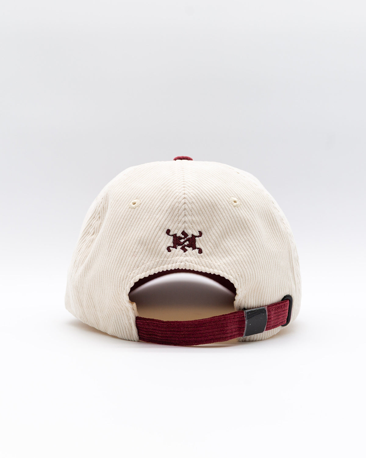 Back of the cream corduroy Easy Come Easy Go Hat with burgundy adjustable strap and embroidered logo