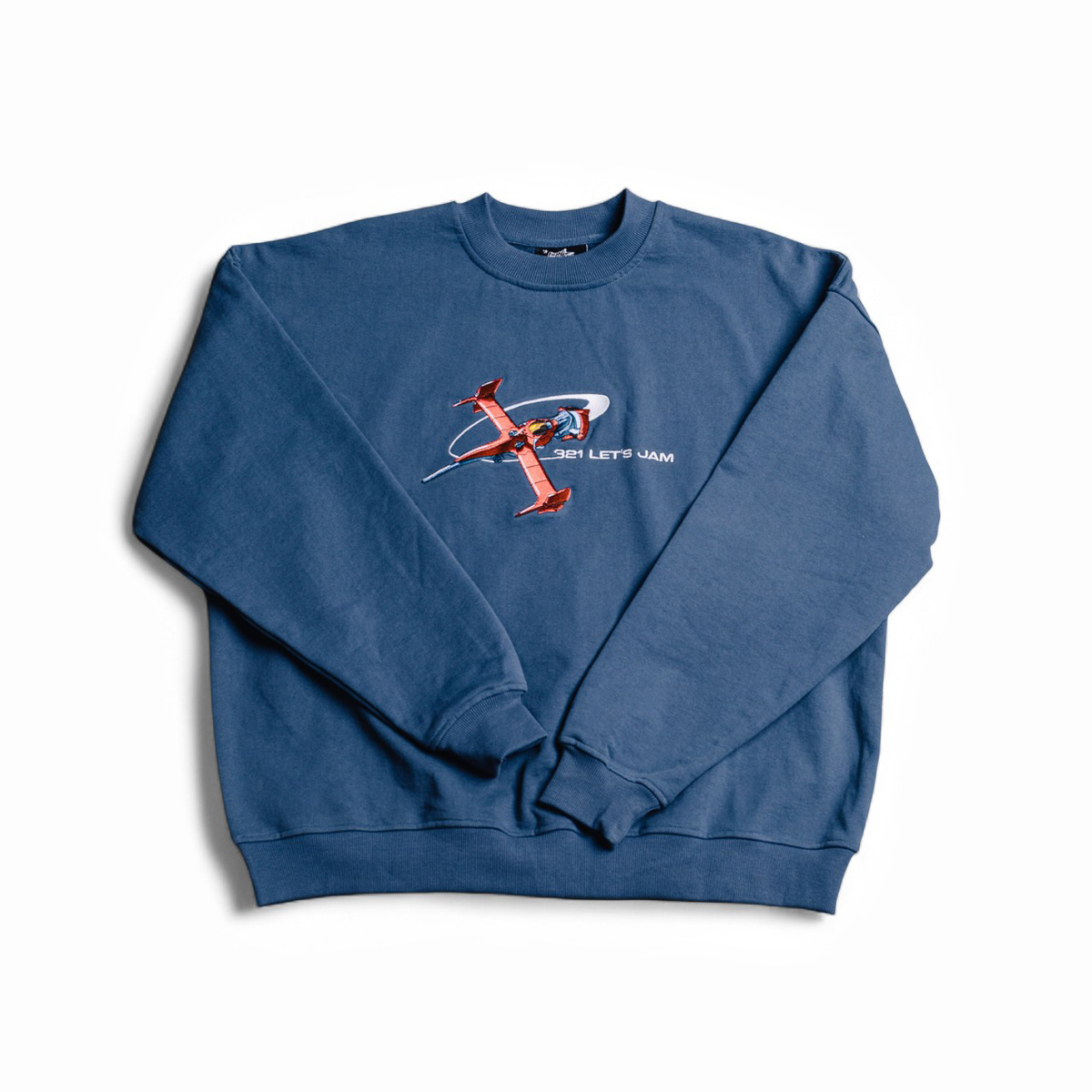 Blue sweatshirt with a graphic design on a white background