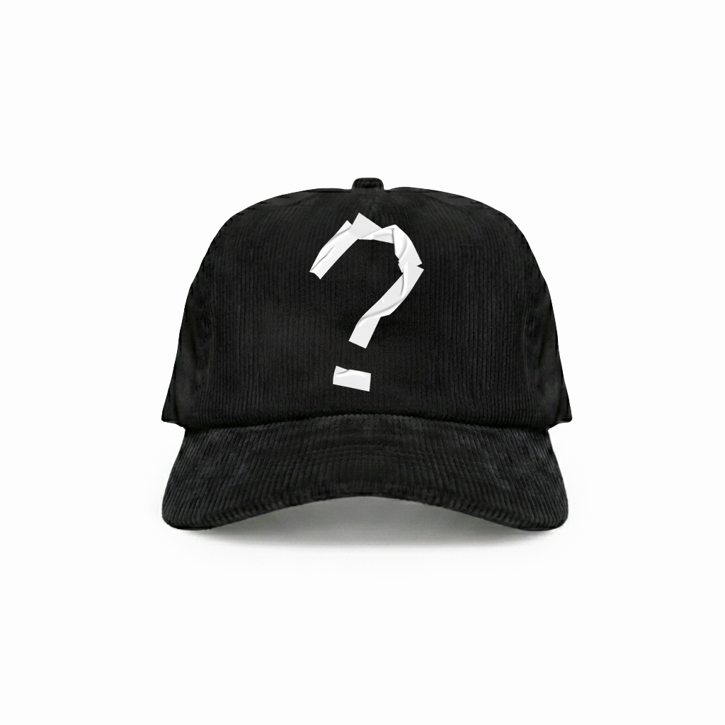 Black cap with a white question mark on a white background