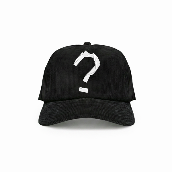 Black cap with a white question mark on a white background