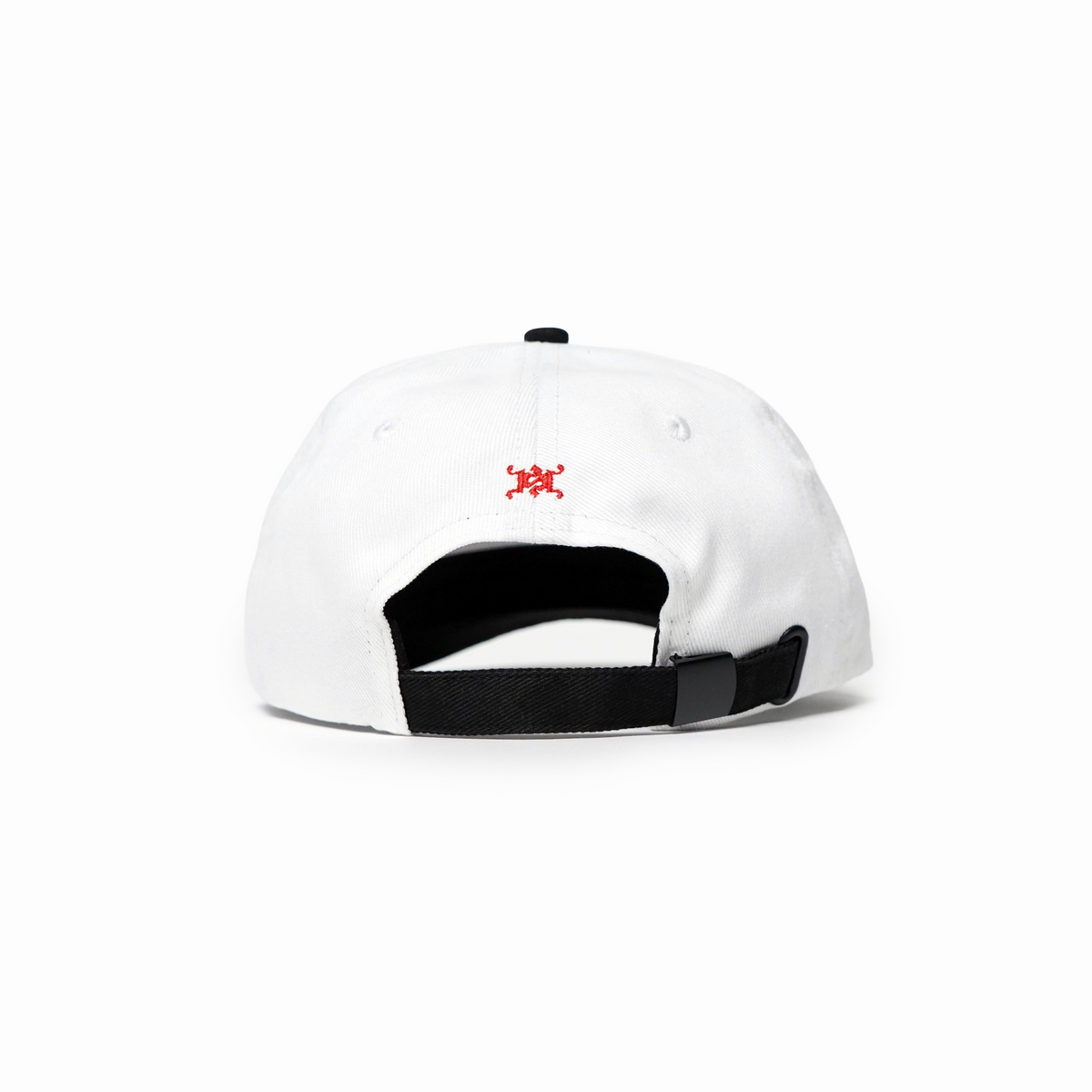 White cap with black brim and red logo on a white background