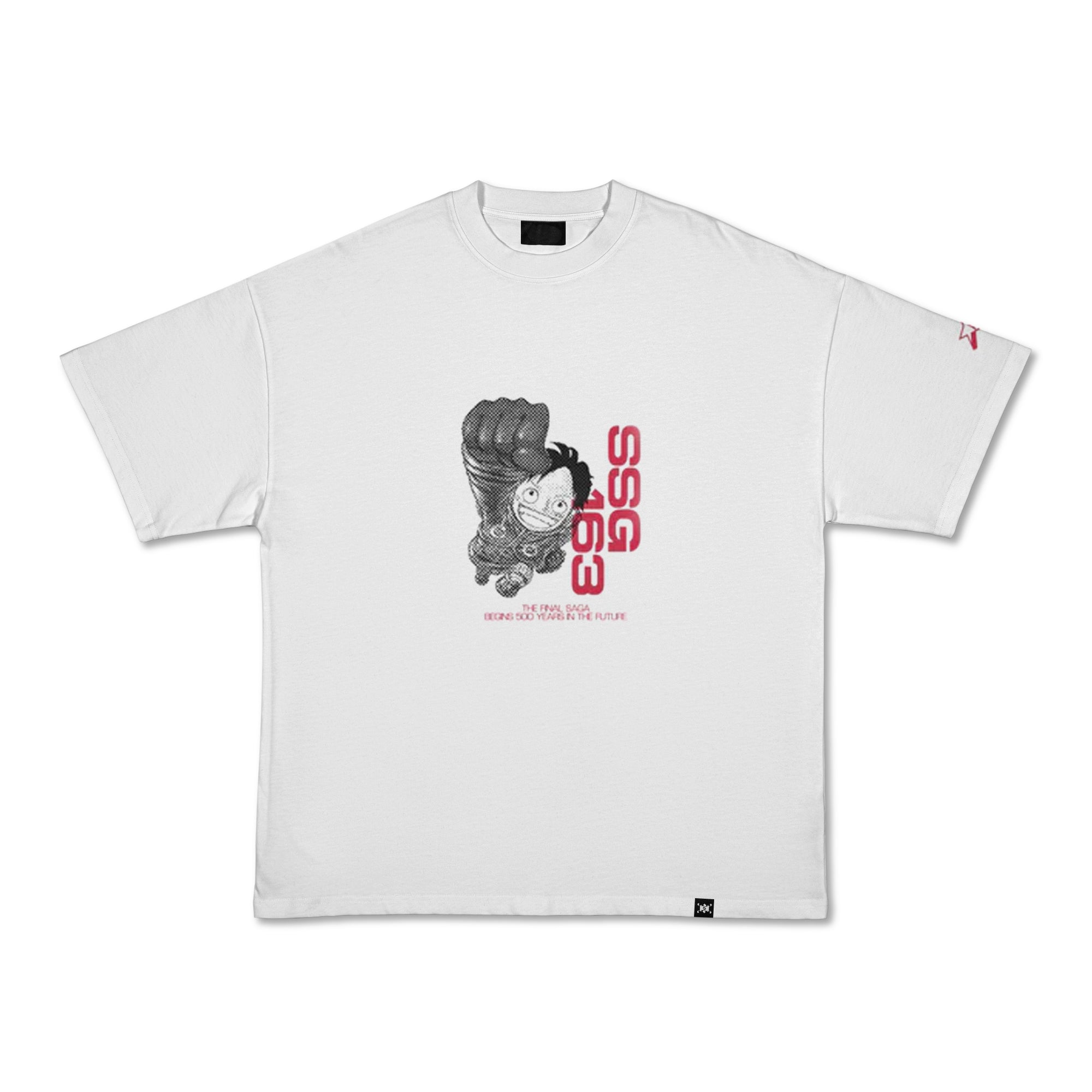 White Egghead Tee with black and red graphic print, front view.