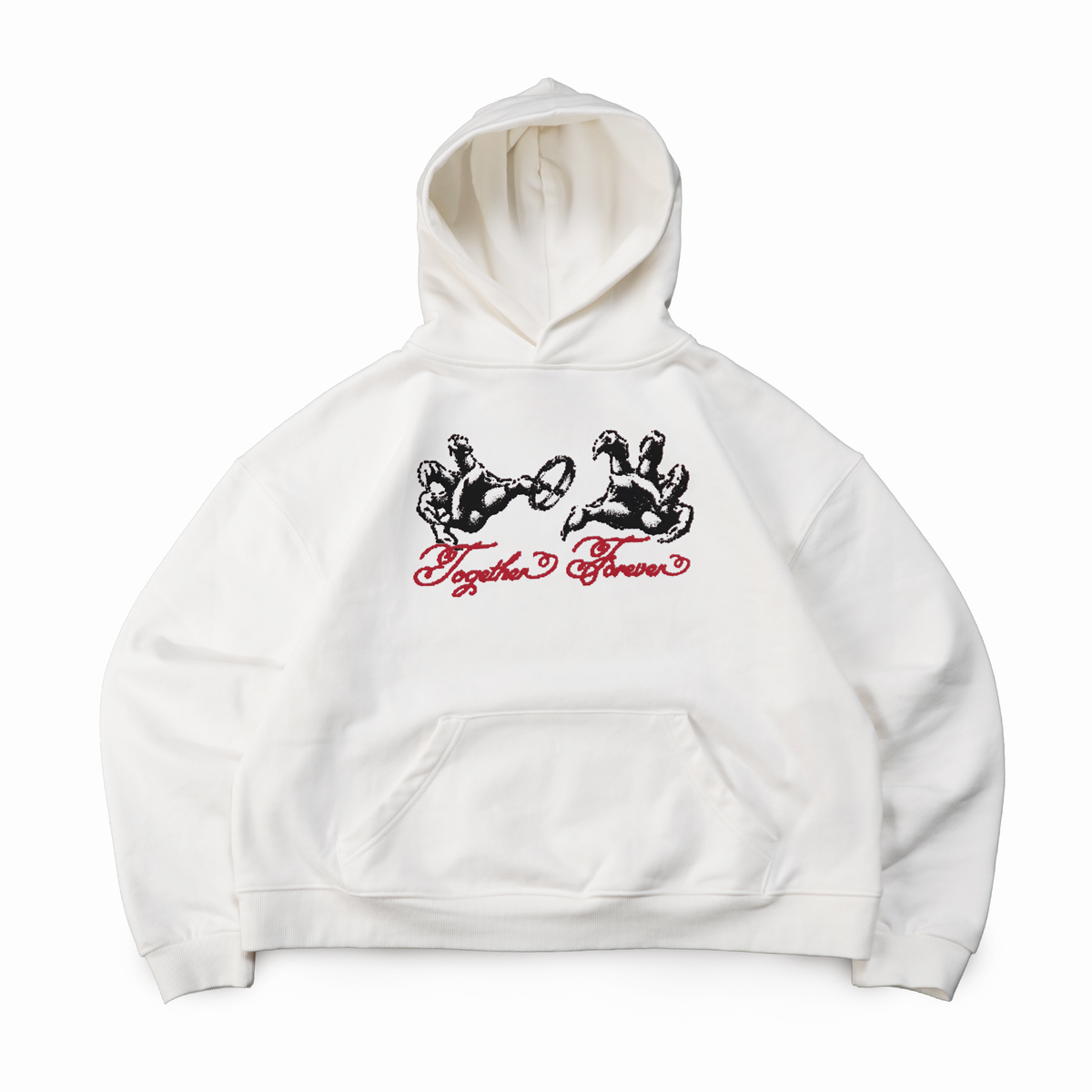 White hoodie with black graphics and red text on a white background