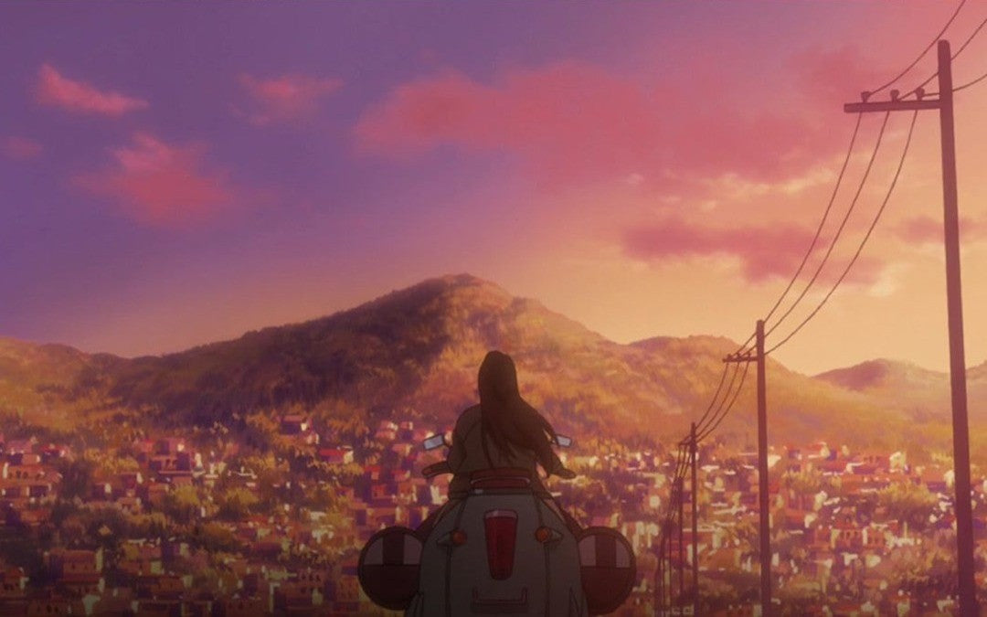 A frame from Michiko & Hatchin: Michiko, seen from behind on her scooter, looks out at a hillside covered in houses under a pink and orange sunset, with power lines running along the road.