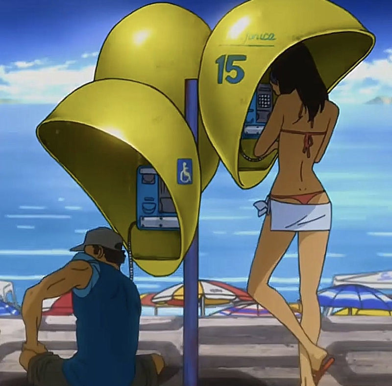 A frame from the anime Michiko & Hatchin: two bright yellow egg-shaped orelhão phone hoods on a blue pole by a beach, one numbered 15, with a woman in a bikini making a call and a man in a cap sitting beside them, beach umbrellas and sea behind.