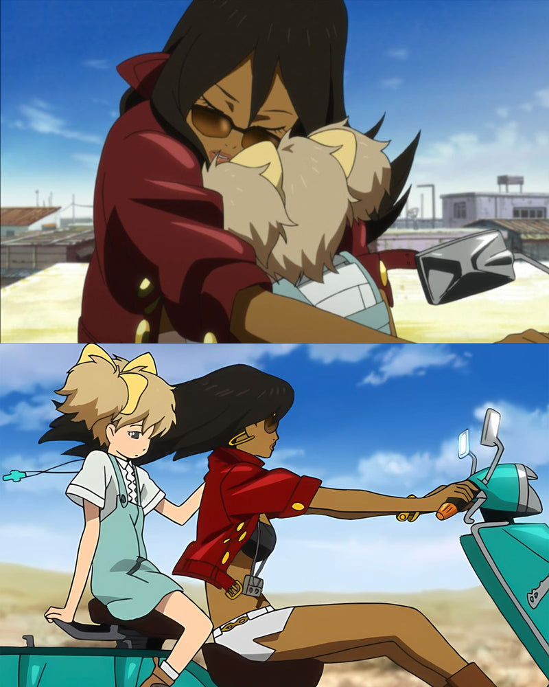 Two stacked frames from Michiko & Hatchin: above, Michiko hugs Hatchin tightly beside the scooter; below, the two ride the teal scooter across dry scrubland under a blue sky.