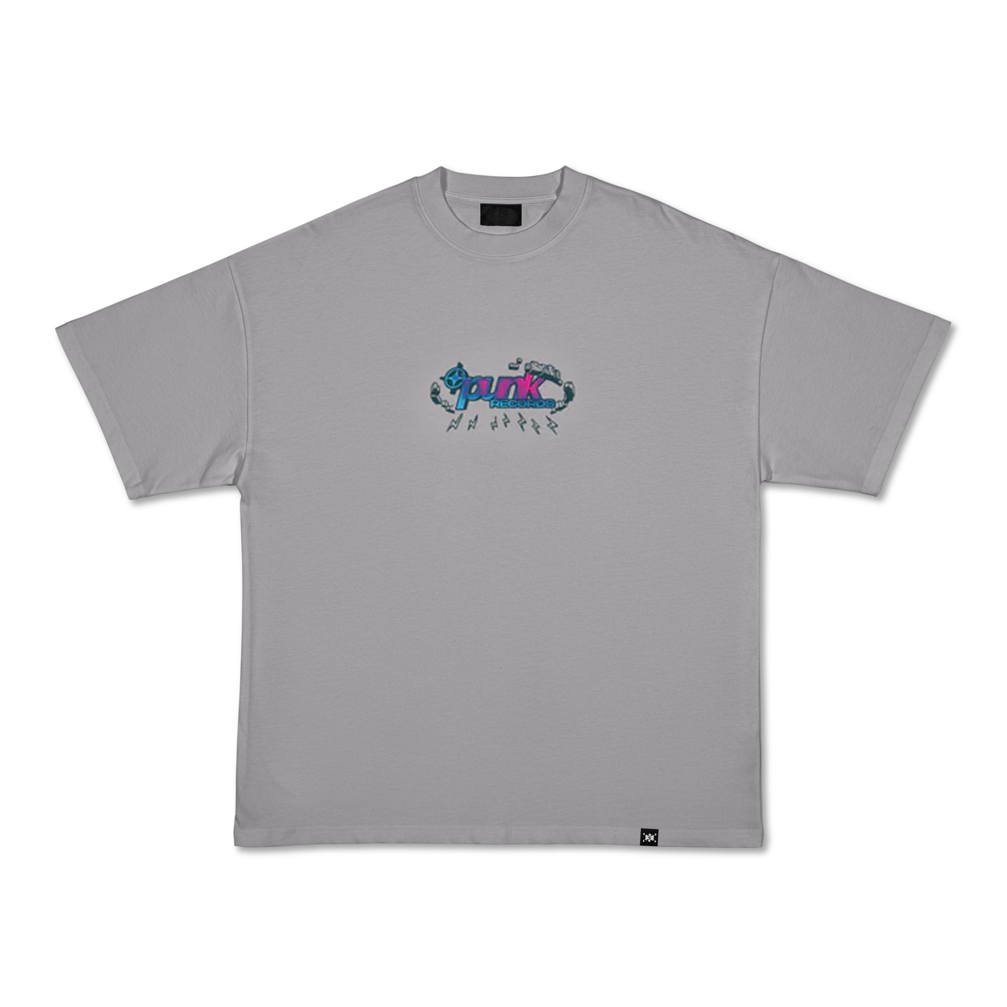 Gray Punk Records Tee with colorful graphic print, front view