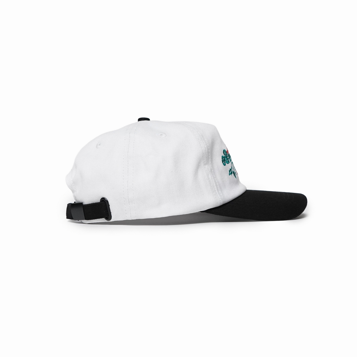 White and black cap with a small logo on a white background